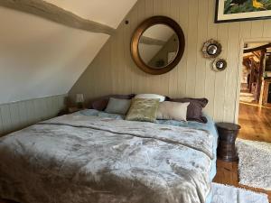 a bedroom with a large bed with a mirror at Les Alpagas de La Tuilerie , 3 Chemin de la Tuilerie in Batilly-en-Puisaye