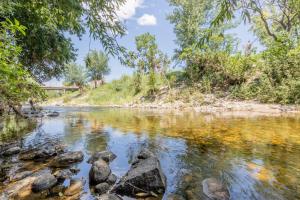a river with rocks and trees and a bridge at Andamundos Hostel in Mina Clavero