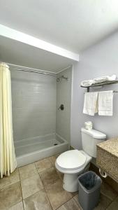 a bathroom with a toilet and a bath tub at Chisholm's Motor Inn in Saugus +28 photos