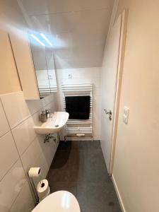 a small bathroom with a toilet and a sink at Kieler Hofquartier - zentral und gemütlich wohnen in Kiel