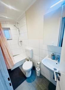 a white bathroom with a toilet and a sink at Kieler Hofquartier - zentral und gemütlich wohnen in Kiel +13 photos