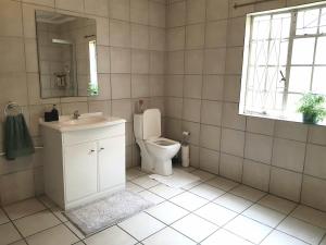 a bathroom with a toilet and a sink and a mirror at Cottage with Farmyard Garden on the Sunshine Coast in Alexandria