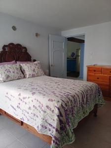 a bedroom with a large bed with a floral bedspread at Purple Lotus Cozumel in Cozumel