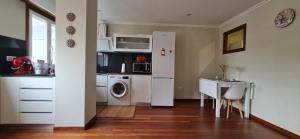 a kitchen with a refrigerator and a table and a washer at Estudio céntrico con terraza in Xinzo de Limia