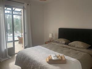 Un dormitorio con una cama y una puerta corrediza de vidrio. en La villa des Carriers- maison avec piscine proche mer, en Roquefort-les-Pins 49 fotos más