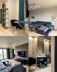 a living room with a blue couch and a table at Opera Apartment Centrum PKS PKP in Częstochowa