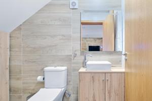 un bagno con un water, un lavandino e uno specchio di Sunny House with Patio, Walk to Attractions a Vila Nova de Gaia Altre 11 foto