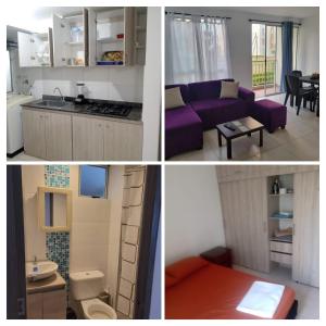 Serenity Inn Jamundi في Jamundí: ملصق بثلاث صور مطبخ وغرفة معيشة