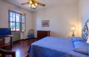 a bedroom with a blue bed and a television at 4 Bedroom Nice Home In Pergola in Pergola +44 photos