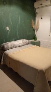 Cama en habitación con pared verde en Sol y Luna, en Termas de Río Hondo