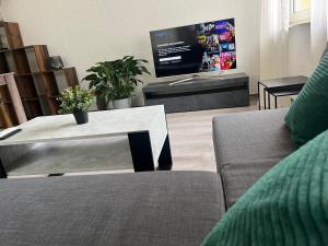 a living room with a couch and a tv at Ferienhaus Kusel - am Bahnhof mit WLAN & Garten in Kusel