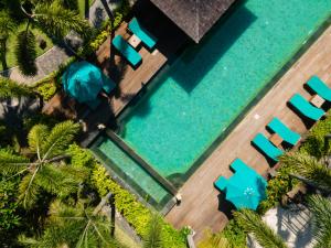 an overhead view of a swimming pool with blue chairs at Vila Ombak in Gili Trawangan