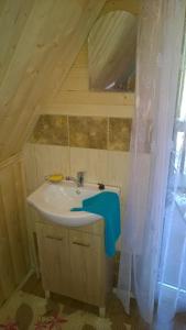 a bathroom with a sink and a shower curtain at Cottage Tatry so saunou in Tatranska Strba