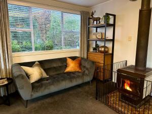 a living room with a couch and a fireplace at Trout Retreat - Turangi Tongariro in Turangi