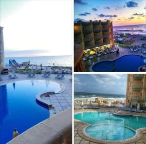 three pictures of a hotel with a pool and the beach at Condo Studio Paradise Beach in Alexandria
