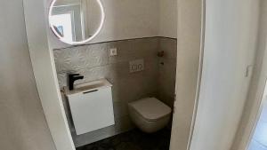 a small bathroom with a toilet and a mirror at Casa Seeblick in Hagnau +13 photos