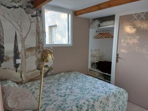 Un dormitorio pequeño con una cama y una ventana. en Gîte 2 à 4 personnes la capitelle à VERS Pont du Gard, en Vers Pont du Gard