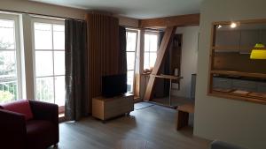 Una sala de estar con un sofá y un televisor. en Ferienwohnung am Kniebach, en Immenstaad am Bodensee