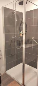 una doccia con una porta in vetro in un bagno di Côté Jardin la belle époque a La Bourboule Altre 13 foto