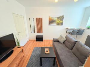 a living room with a couch and a tv at Apartment für Berufsreisende in Bad Orb