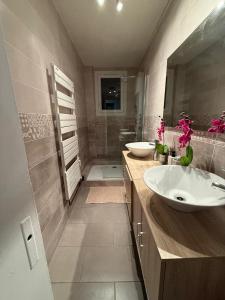 a bathroom with two sinks and a large mirror at Appartement spacieux au centre-ville in Montluçon +9 photos