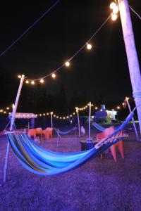 - un hamac dans un parc la nuit avec des lumières dans l'établissement Happy Hippy Hub by Yatrimap, à Jāmb