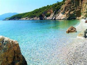 a beach with clear blue water and a rocky shore at Europa Studios in Skala