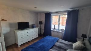 Un dormitorio con una cama y una ventana con cortinas azules. en Apartament Tarasy, en Gdansk