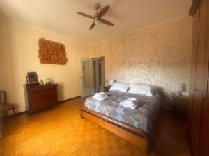a bedroom with a bed and a ceiling fan at La casa di Alberto lake view in Laveno