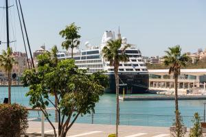 a cruise ship docked in a harbor with palm trees at iloftmalaga Puerto in Málaga