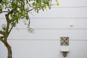 a tree in front of a white wall with a box at Hotel Mignon Meublè in Sorrento