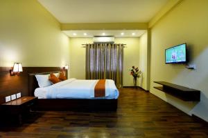 a hotel room with a bed and a television at Hotel Harmony in Kathmandu