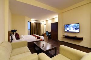 a hotel room with a bed and a tv at Hotel Harmony in Kathmandu