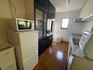 a kitchen with a microwave on top of a refrigerator at Japan Family & Kids Castle Hotel Tokyo in Kisarazu