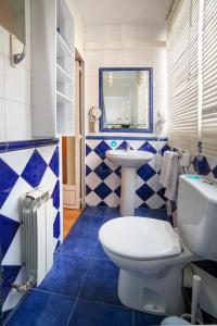 niebiesko-biała łazienka z toaletą i umywalką w obiekcie Hostal Adriano w Madrycie +37 zdjęć