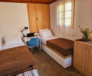 a bedroom with two beds and a desk with a laptop at Aether Beach House in Foiníkion