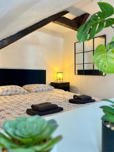 une chambre avec un lit avec deux oreillers dessus dans l'établissement Dalikyda - La Perle de Montivilliers, à Montivilliers