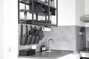 cocina con fregadero y estante con utensilios en stycoz - Modern studio - Central, en Kempten