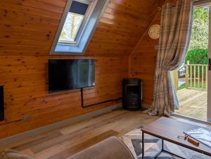 a living room with a flat screen tv and a wood wall at Cear 2- Private Hot Tub- Perth-Pet Friendly Lodge in Almondbank +7 photos