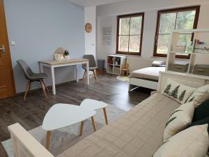 a living room with a couch and a table at Apartmán 29 LANOVKA in Jáchymov