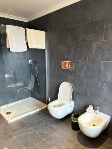 a bathroom with a toilet and a shower and a sink at Villa Quinta Dom Reis in Batalha +37 photos