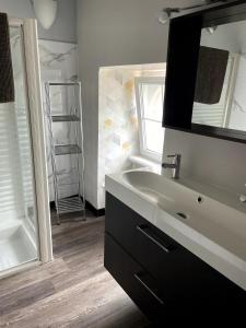 a bathroom with a sink and a mirror at Maison à quelques mètres de la mer in Saint-Jean-du-Doigt +15 photos