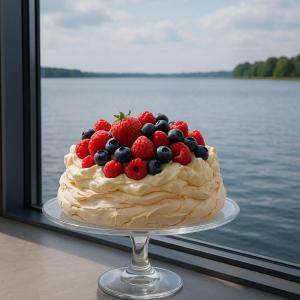 a cake with strawberries and blueberries on top of a window at HT Houseboats - domki na wodzie - sauna, lake view in Mielno +44 photos
