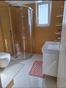 un bagno con doccia, lavandino e WC di Guest home Guri a Široka
