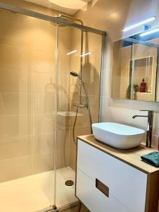 a bathroom with a sink and a shower at Le Jolibardet in Vieillevigne +16 photos
