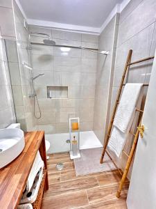 a bathroom with a shower and a toilet and a sink at T1 na 1 linha da Praia da Rocha in Portimão