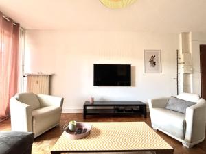 a living room with two chairs and a flat screen tv at M057 Joli T3 proche de la frontière in Annemasse