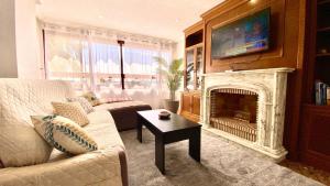 a living room with a couch and a fireplace at Mar y Vistas Puerto Santa Pola in Santa Pola