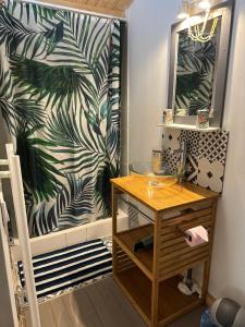 a bathroom with a sink and a shower curtain at Maison de Lege in Lège-Cap-Ferret +38 photos