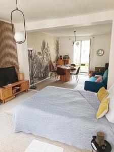 TV a/nebo společenská místnost v ubytování ROOMS HOME CSM Suite privée avec terrasse et Suite privée 2 chambres jusqu'à 3 chambres et 1 à 8 personnes